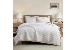 Bonlino White Quilt Set King Size - Farmhouse Soft Striped Stitch Bedding Bedspread Coverlet Summer Lightweight Quilt Bed Sets with 2 Pillow Shams for Home All Season with Linen Border
