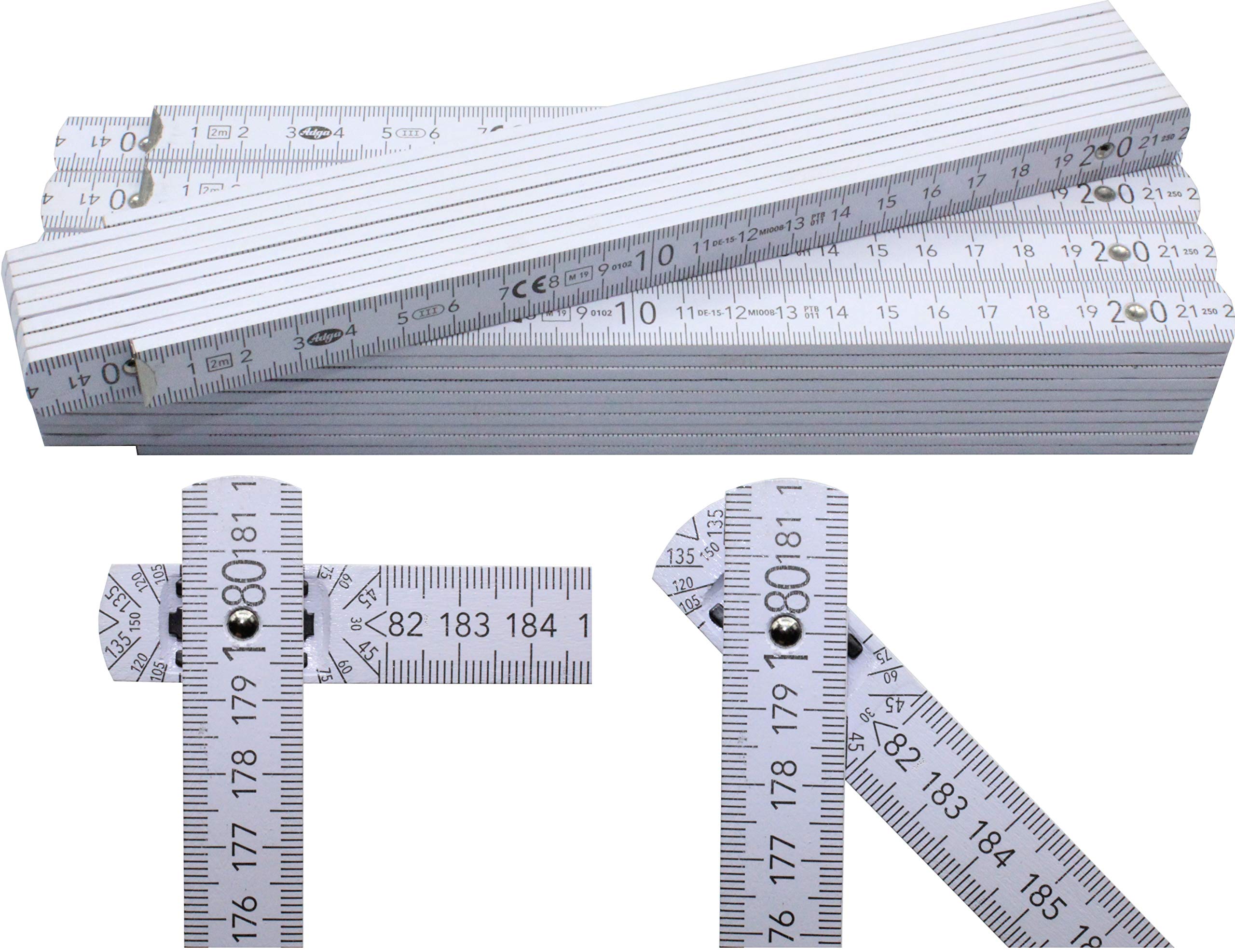 Adga 250 Folding Ruler 2 m with 90°/180° Angle Locking and Angle Scale (30°/45°/60°/75°/90°) – Adga 250 Plus Branded Folding Ruler 2 m Made of Beech Wood – White without Advertising Print Pack of 5