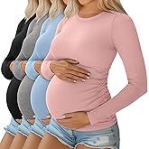 Ficerd 4 Pack Women's Maternity Shirts Cotton Long Sleeve Ribbed Crew Neck Pregnancy Tops Side Ruched Casual Mama Clothes