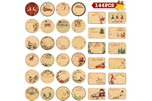 POPGIFTU 144PCS Kraft Christmas Gift Tags Stickers – Self-Adhesive Holiday Labels for Xmas Presents, 36 Assorted Designs – to/from Name Tags for Present Wrapping & Decorations