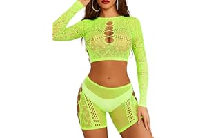 Avidlove Fishnet Lingerie for Women Two Piece Lingerie Set Sexy Long Sleeve Nightwear Mesh Clubwear