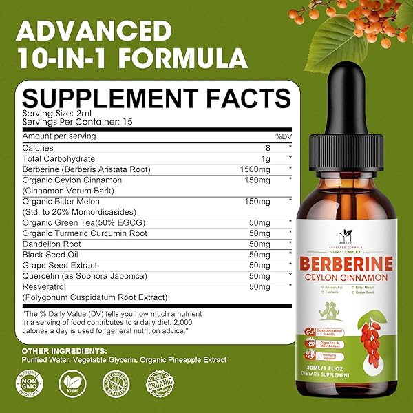 BERBERINE SUPPLEMENT LIQUID DROPS, BERBERINE 1500MG WITH CEYLON CINNAMON, TURMERIC, RESVERATROL, BITTER MELON, VEGAN SUPPLEMENT, SUPPORTS IMMUNE SYSTEM & DIGESTIVE SYSTEM – 2 FL OZ