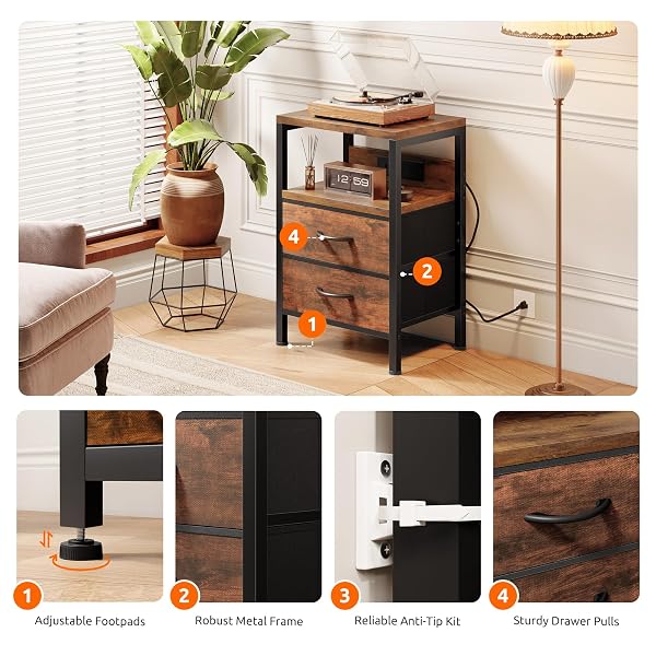 LAZZANTO NIGHTSTAND BEDSIDE CHARGING TABLE BEDROOM – BROWN NIGHT STAND WITH CHARGER STATION, MODERN BED SIDE END TABLE WITH OPEN SHELF & 2 FABRIC DRAWERS, USB-C PORT FOR DORM, LIVING ROOM