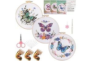 MEIYUETAOSI Embroidery Kit for Beginners Adults, 3 Pack Butterfly Patterns Cross Stitch Craft Kit with Hoop, Needles, Threads