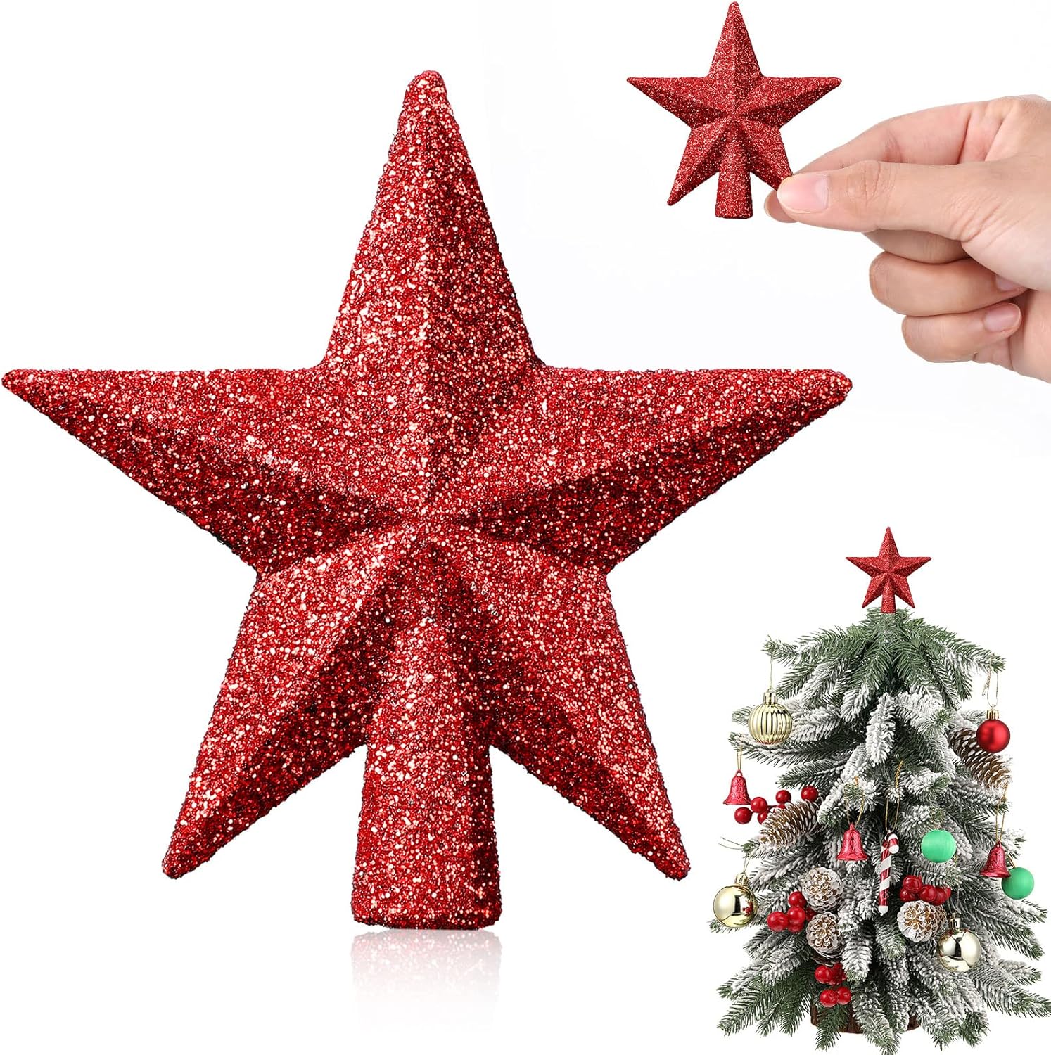 Tree Toppers - Hanaive Mini Christmas Tree Topper Small Christmas Star Mini Christmas Tree Star Topper for Xmas Party Holiday Home Decor (Glitter Red,2.36 Inch)