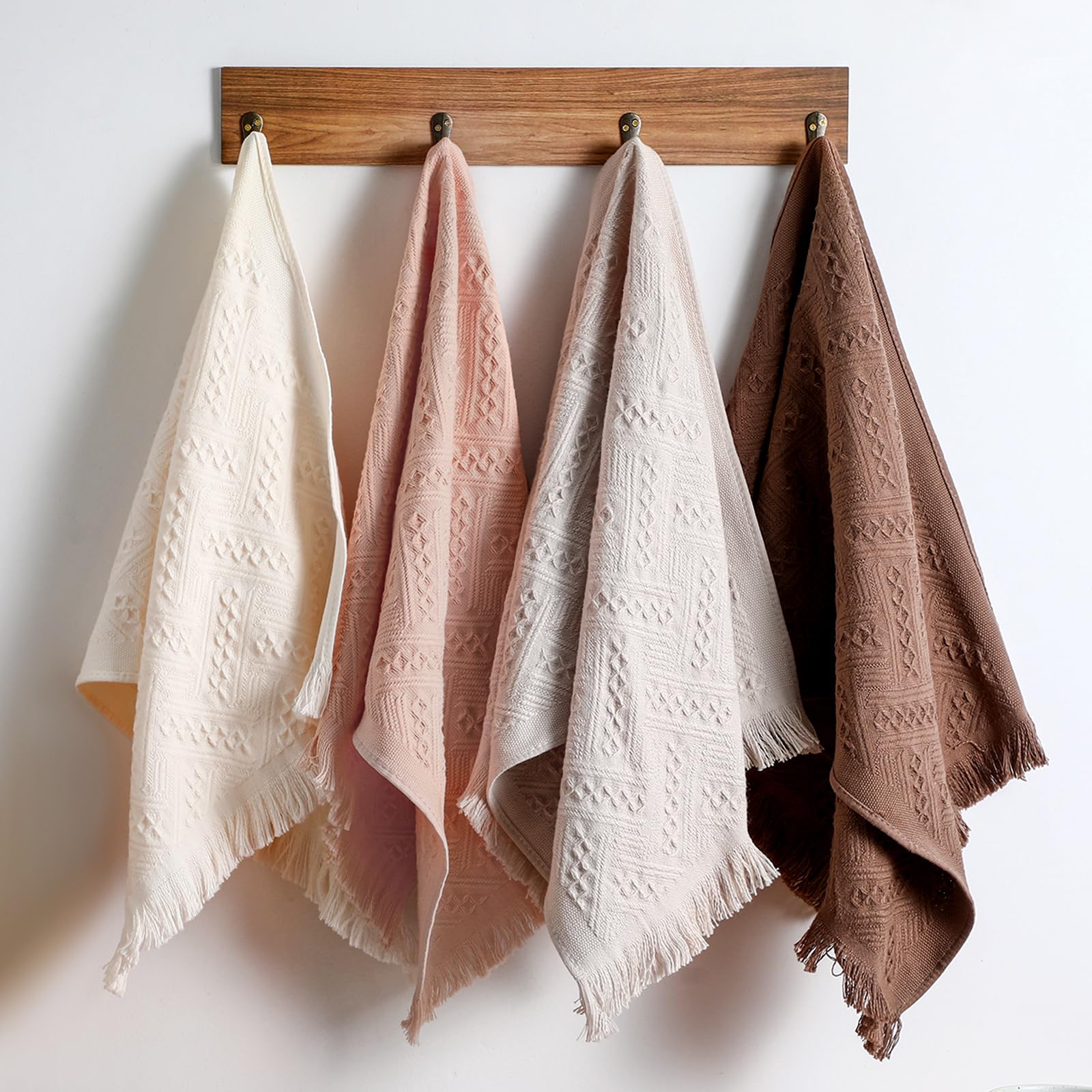 Photo 1 of **Only 3**HunnmingRe 4 Pack Boho Bathroom Hand Towel 14 x 30 Inch 100% Turkish Cotton Decorative Boho Kitchen Hand Towel Farmhouse Bathroom Decor Set Absorbent Soft Guest Tea Gift(Beige, Gray, Curry, Pink)