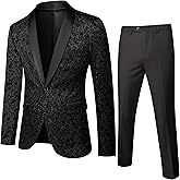 UNINUKOO Men's Suit Slim Fit 2 Piece Tuxedo Suit Set Floral Print Paisley Shawl Lapel Groom Wedding Suits Set