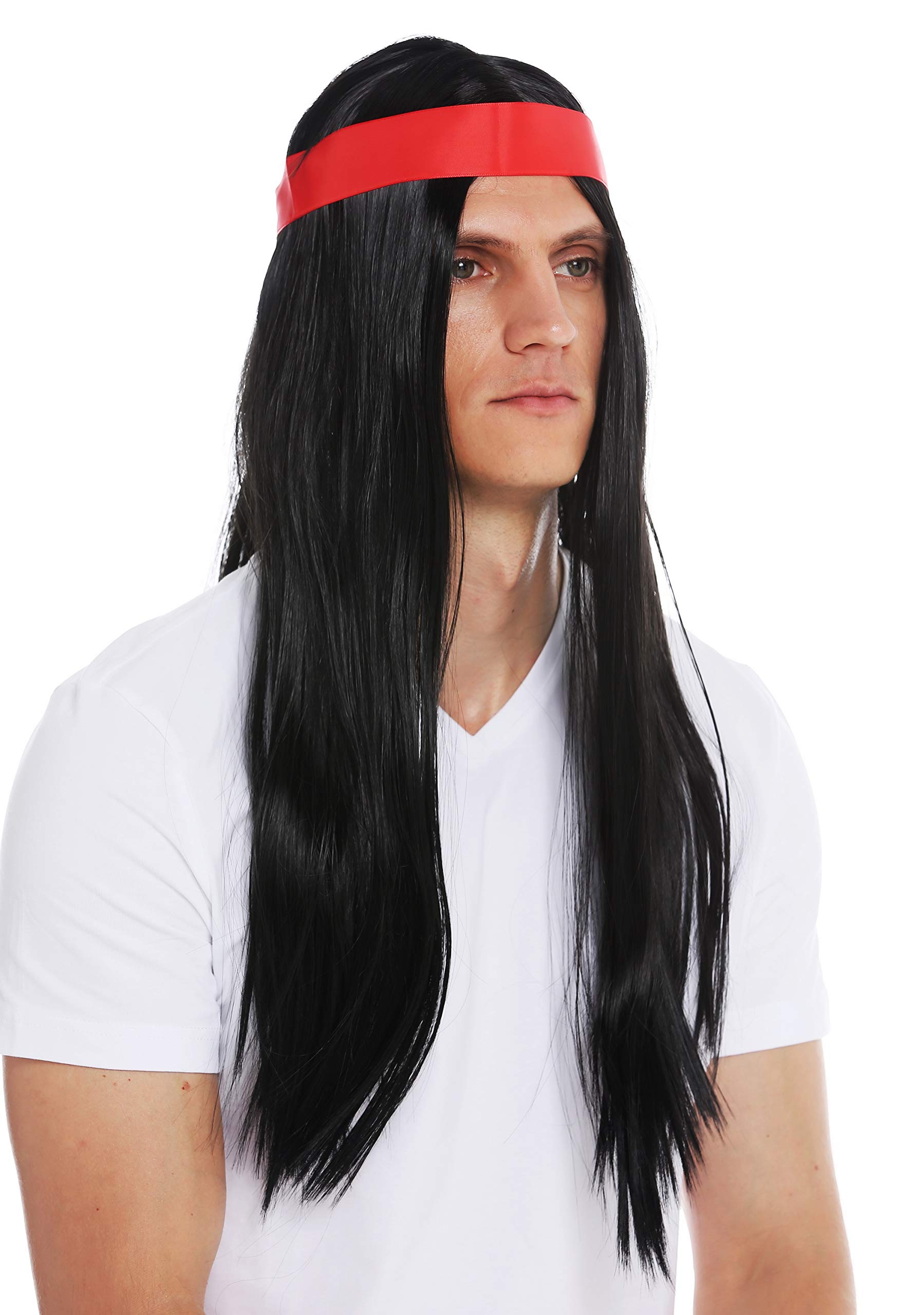 WIG ME UP - 7093-P103 wig Halloween carnival men women 70's Hippie native American black long sleek middle parting head band