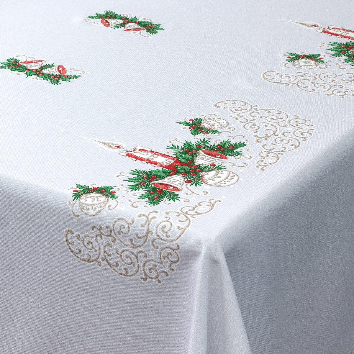 MforStyle Extra Large Christmas Table Cloth up to 12 seats 300x145cm (118"x57") White Fabric Xmas Tablecloth Candle Jingle Bells Red Green Gold Festive Pattern Oblong Rectangle Xtra Large