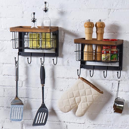 Amazon Com Mygift Black Metal Wire Burnt Wood Hanging Storage Basket With 4 Hooks Wall Mounted Kitchen Utensil Rack Set Of 2 Kitchen Dining