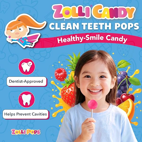 ZOLLIPOPS CLEAN TEETH POPS SUGAR FREE CANDY WITH XYLITOL, DYE-FREE LOLLIPOPS – KETO & DIABETIC-FRIENDLY, DENTIST-APPROVED TREATS FOR KIDS (NATURAL FRUIT FLAVORS, 8 OZ)