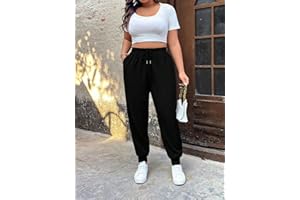 Women's Plus Size Black Jogger Pants, Elastic Waist Drawstring Casual Trousers with Pockets