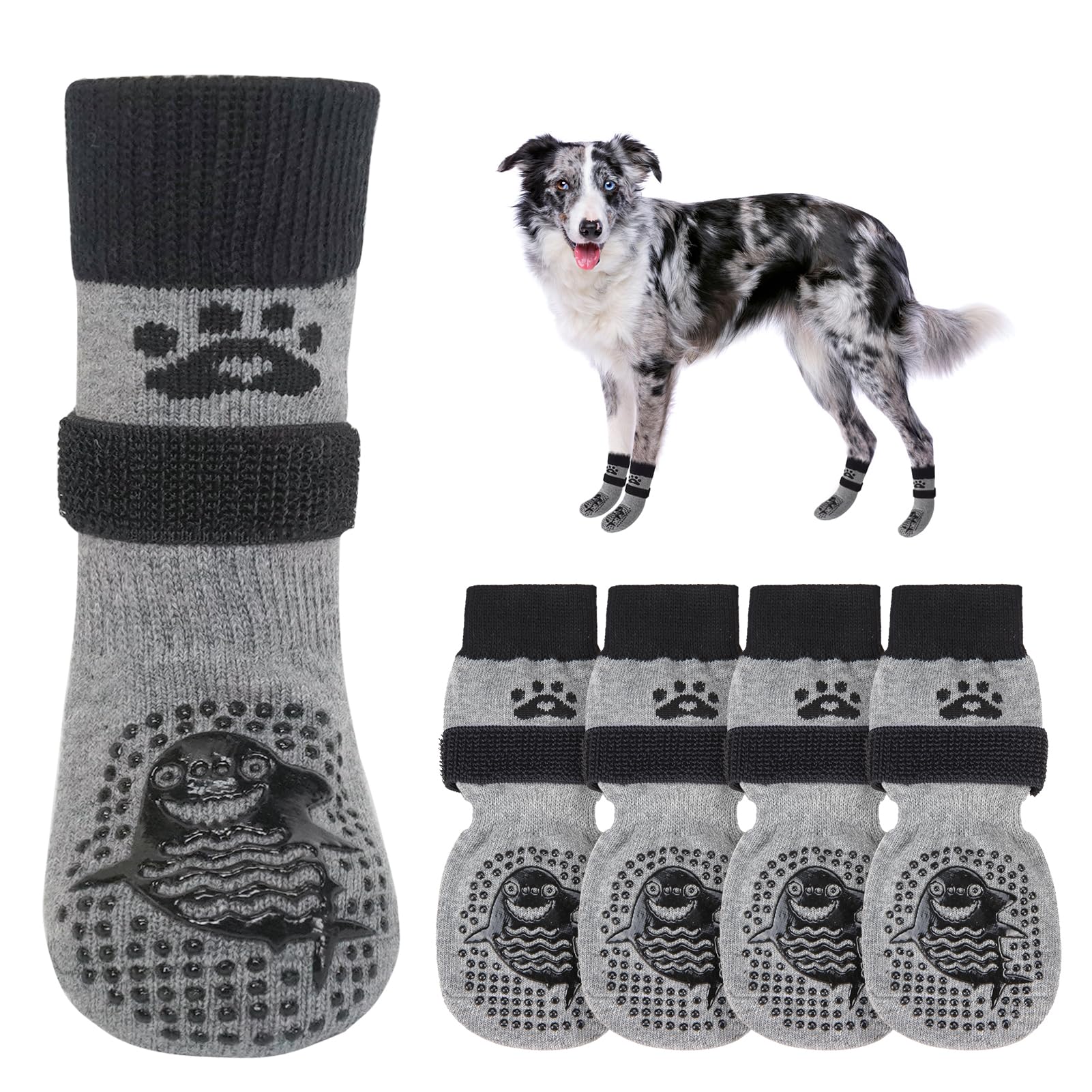 Photo 1 of SCENEREAL Dog Socks to Prevent Licking Paws for Hot/Cold Pavement Anti Slip, Dog Shoes for Hardwood Floors, Dog Boots & Paw Protectors with Grippers for Small Medium Large Senior Dogs, Shark M