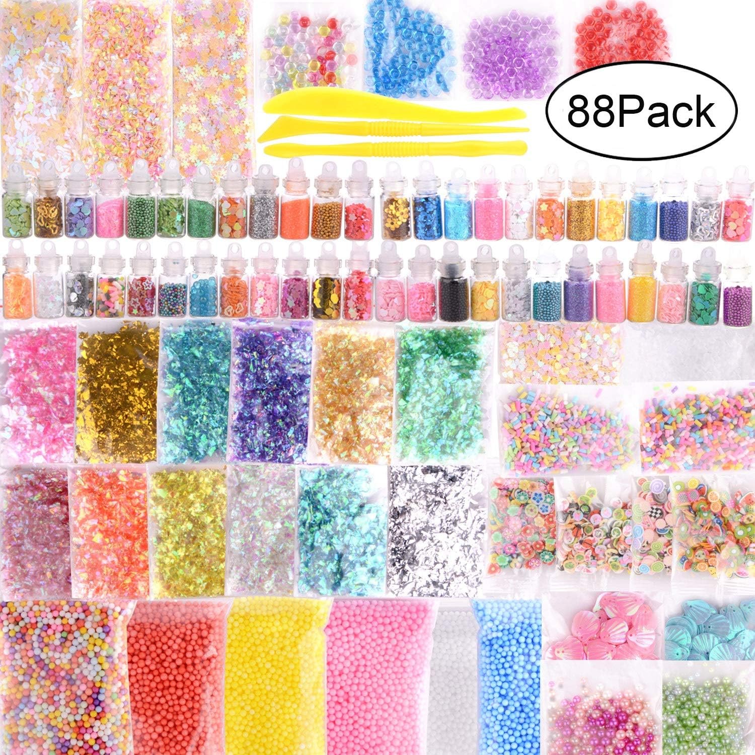 lulalula 88 Pack Slime Making Kit Slime Supplies Including Shells, Foam Balls, Glitter Sheet Jars, Sugar Paper, Colorful Slices, Pearl, Slime Tools for DIY Craft Homemade Slime for Girls Boys Kids