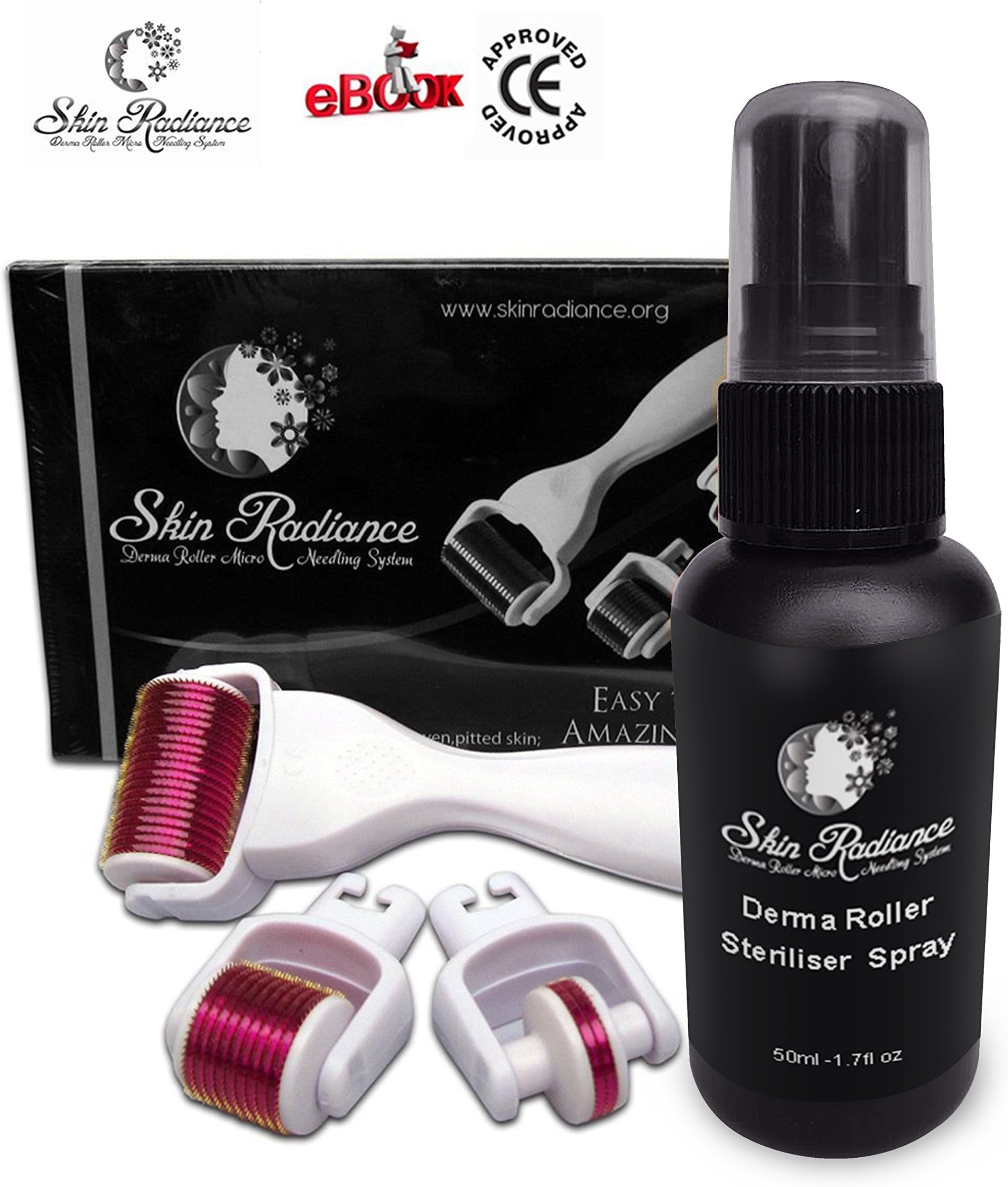 Skin Radiance® Professional 3in1 Derma Roller with Steriliser Spray 50ml - Free E-book Included! Derma Roller Kit with Titanium Coated Needles 0.5mm, 1.0mm & 1.5mm. Use with Derma Roller Serum.