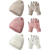 Syhood 6 Pieces Women Men Beanie Winter Hat Gloves Set, Thick Warm Knitted Skull Cap Touchscreen Gloves Unisex