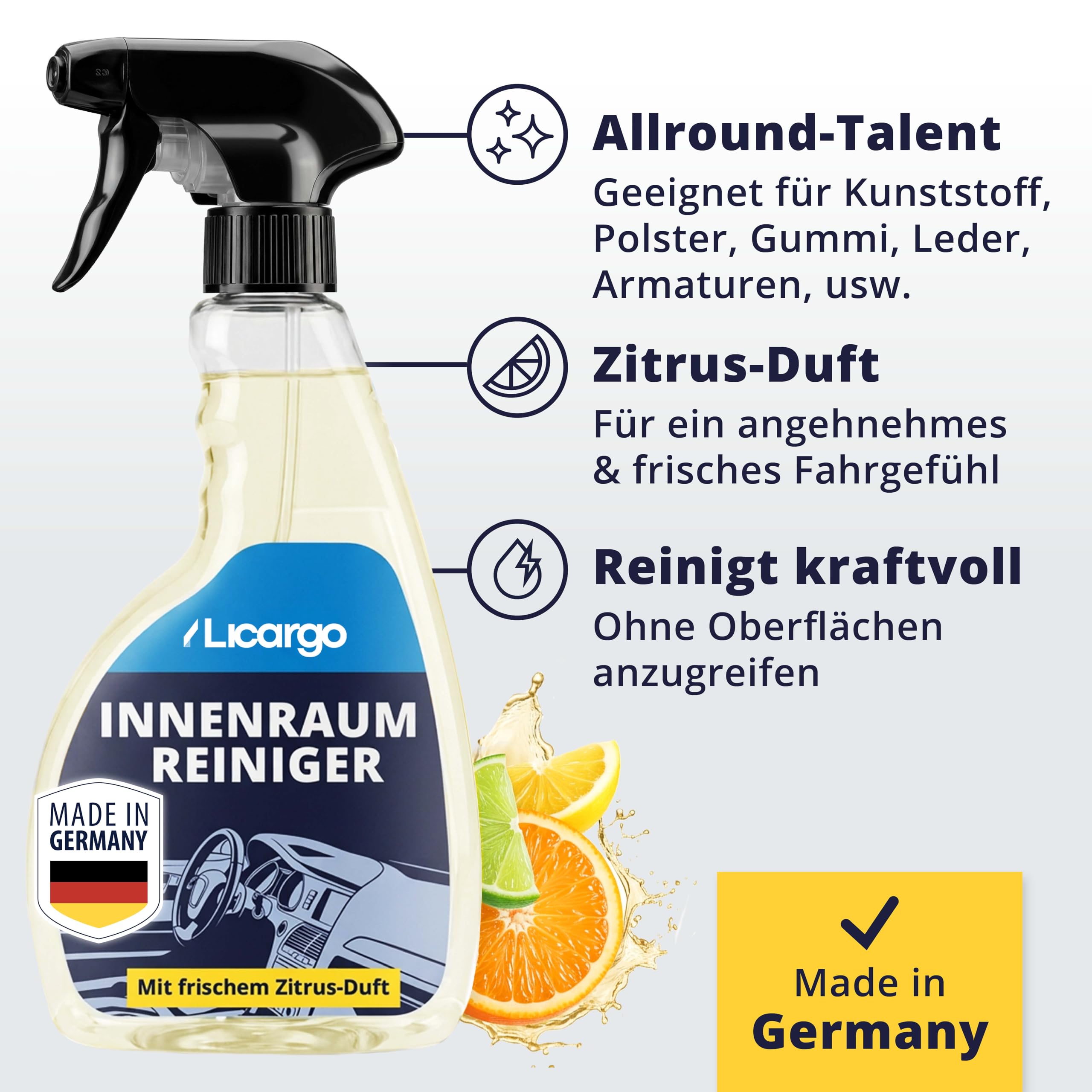 LICARGO Innenraumreiniger Auto 500 ml - Neuwagen-Frische in Minuten - Kraftvoll & schonend - Cockpitpflege Auto für Kunststoff, Leder & Armaturen - Polsterreiniger & Cockpitspray für den Innenraum 6