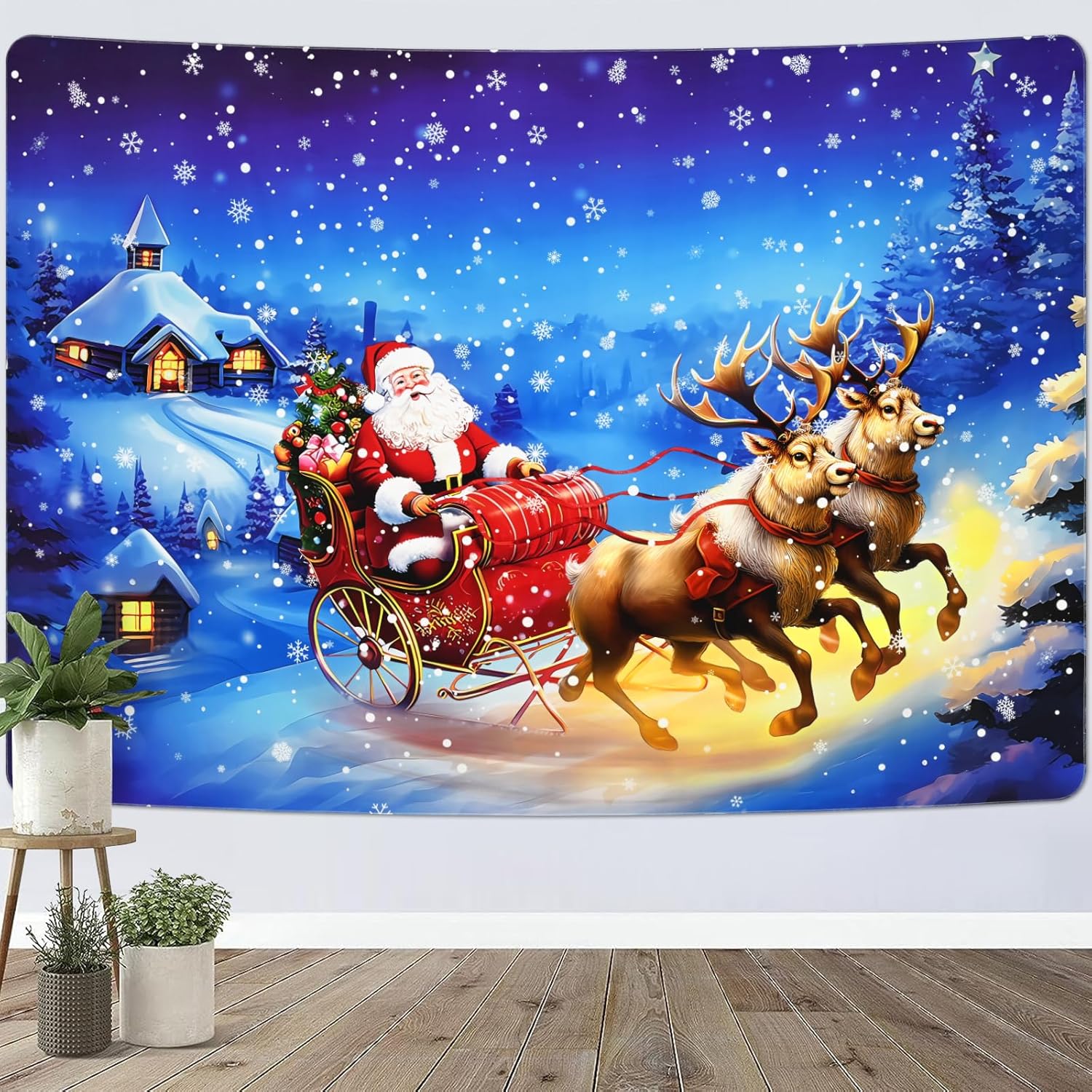 Tapestries - Krelymics Merry Christmas Tapestry Xmas Tree Decor Giving Gifts Elk Santa Claus Tapestries Winter Snow Forest Tapestry Christmas Wall Art Tapestry for Bedroom, Living Room, Dorm, Party(59.1