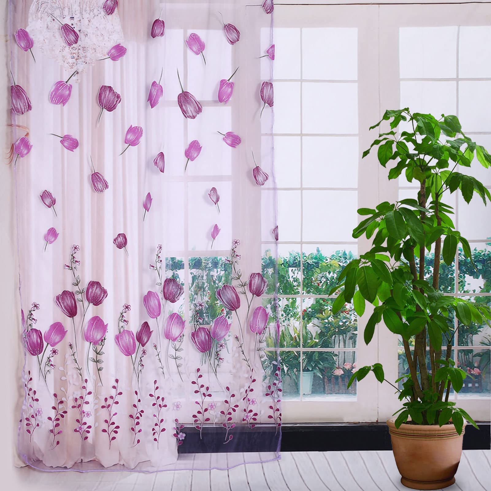 Colorful Tulips Floral Printing Tulle Voile Curtains Sheer Drape Balcony Door Room Dividers Scarf Valances Pastoral Decorative Window 100 * 200cm (Purple)