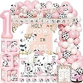 Hombae Holy Cow Im One Birthday Decorations Girl, Cow First Party Decorations, Pink Moo Backdrop Balloon Banners Cutout Cake Cupcake Topper Box Crown Poster for Girls Pink 1st Birthday Supplies