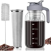 JunVpic Cold Brew Coffee Maker Jar - 64oz Wide Mouth,LeakProof,Heavy Duty Glass Mason Pitcher with Spout Lid,Handle & Stainless Steel Filter for Iced Coffee,Lemonade,Ice Tea & Fruit Drinks