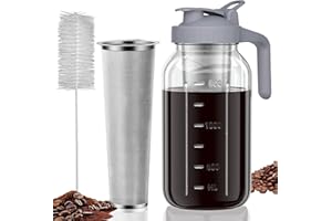JunVpic Cold Brew Coffee Maker Jar - 64oz Thick Glass Multipurpose Mason Pitcher Spout Lid with Handle & Stainless Steel Filter for Iced Coffee, Lemonade, Ice Tea, Homemade Fruit Drinks Container