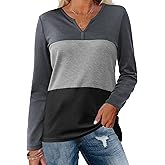 Zeagoo V Neck Color Block Tops for Women Long Sleeve Shirts Waffle Tunic Top Casual Lightweight Shirt,Charcoal/Gray/Black XL