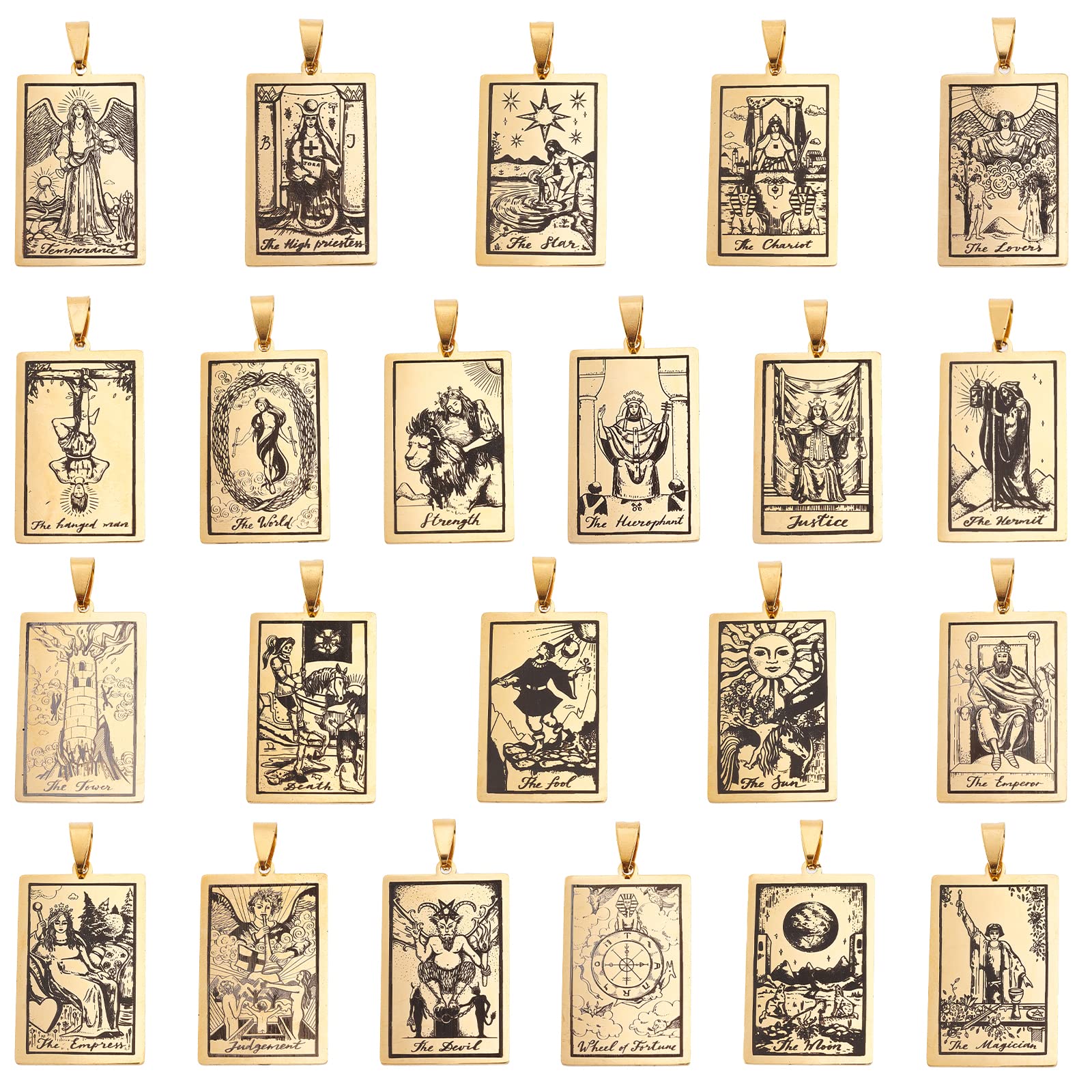 DICOSMETIC 22Pcs Tarot Card Pendant Necklace Stainless Steel Engraved Tarot Pattern Charms Vintage Golden Rectangle Divination Future Pendant with Clasp for Jewelry Making DIY Crafts, Hole: 8x4mm