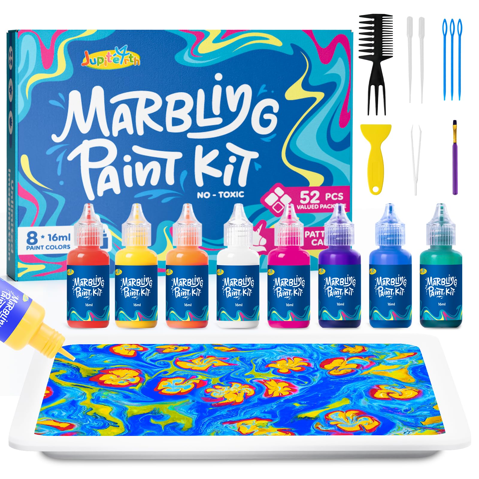JUPITEARTH Water Marbling Paint for Kids,8 Colours,Arts and Craft Kits for Kids,Creative Art Supplies for Kids Aged 3–5,4–8,8–12,DIY Marbling Paint for Craft Projects,Birthday & Christmas Gifts — image 1