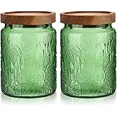 LemonRoad 2 Pcs Vintage Glass Storage Jars 23.67 oz Candy Jar Canister with Solid Wood Lids Food Storage Container for Kitchen, Ground Coffee, Tea, Sugar, Decorative Mason Cookie Jars (Green)