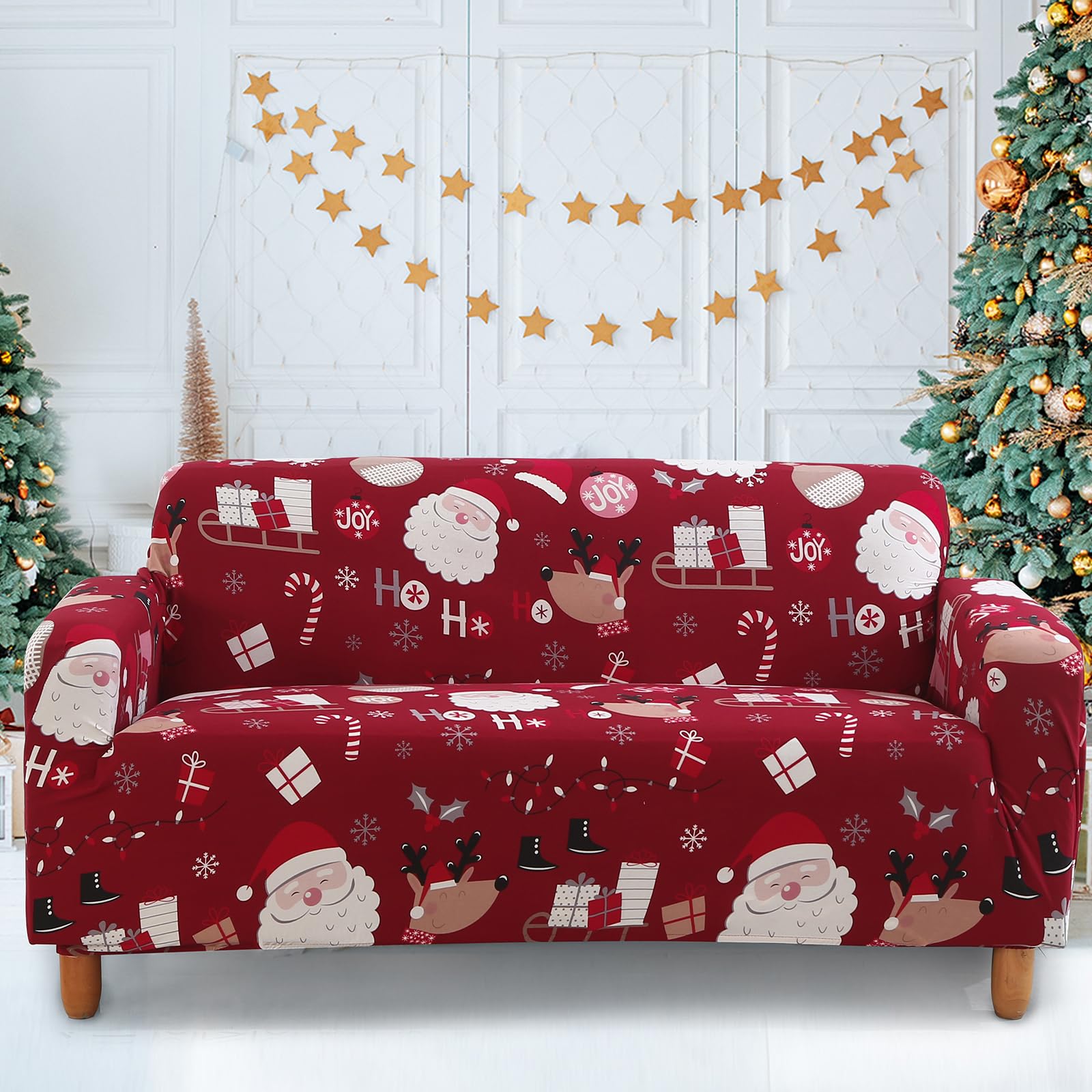 Fondream Christmas Sofa Cover Slipcover Soft Polyester Christmas Tree Printed Sofa Protector with Elastic Bottom (2 Seater,Red)