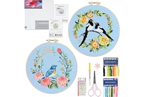 Enkor Embroidery Kit for Beginners Adults,Bird-Hummingbird Embroidery Kit Cross Stitch Kits for Beginner Easy to Learn Stitches Instruction Video Stamped Embroidery Pattern Flowers B2-2 Sets