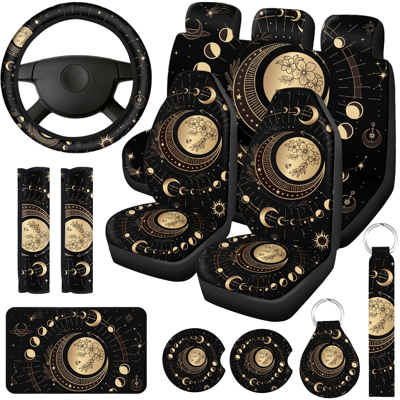 Photo 1 of Riakrum 15 Pcs Sun and Moon Car Seat Cover Full Set Car Front Seat Steering Wheel Headrest Covers Cup Holder Belt Pads Keyring Armrest Pad Wrist Strap for Men Women Auto Truck Van SUV