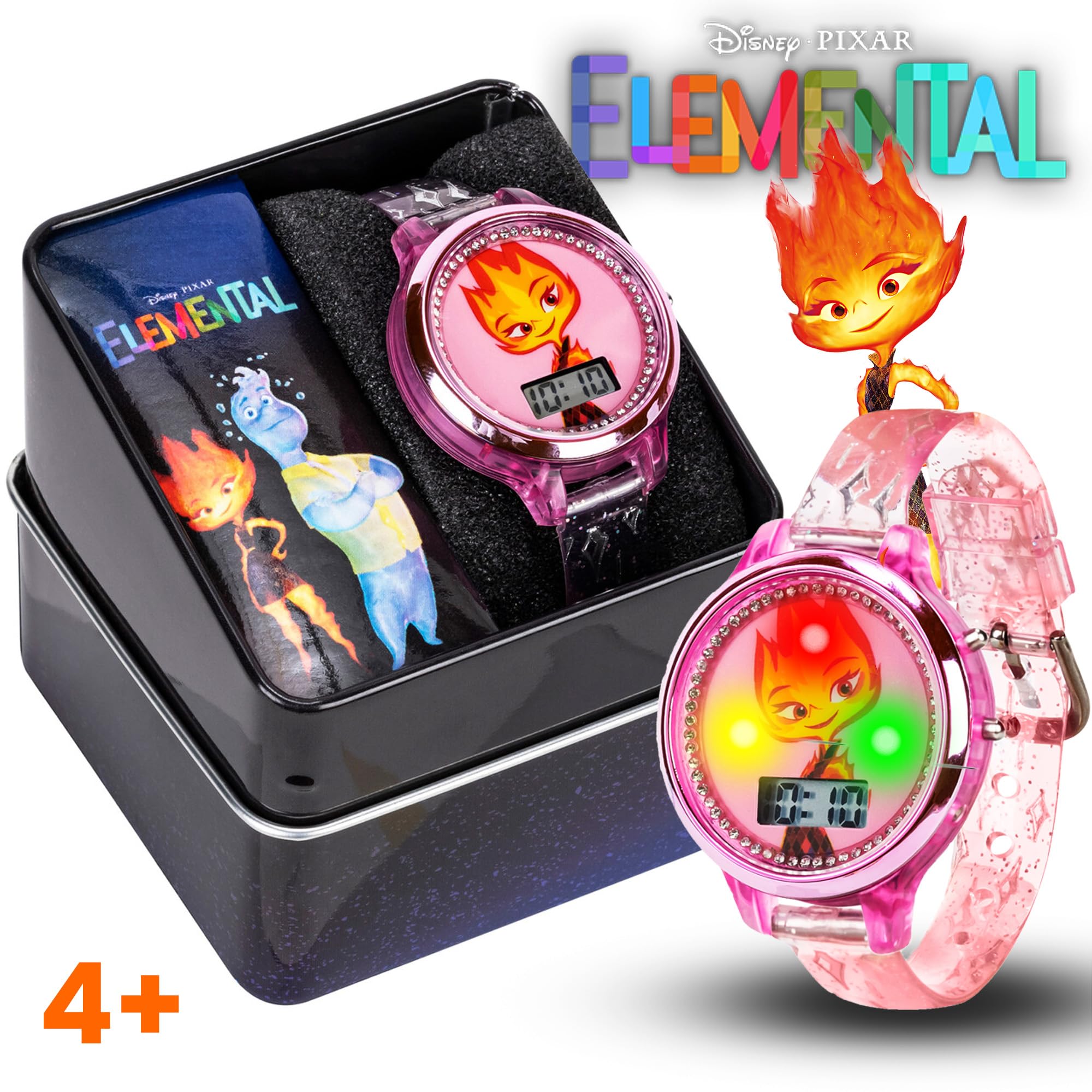 Accutime Disney Elemental Ember Lumen Kids’ Watch – Fiery Pink LCD Display with LED Lightshow Feature, Water-Resistant with Special Edition Gift Tin