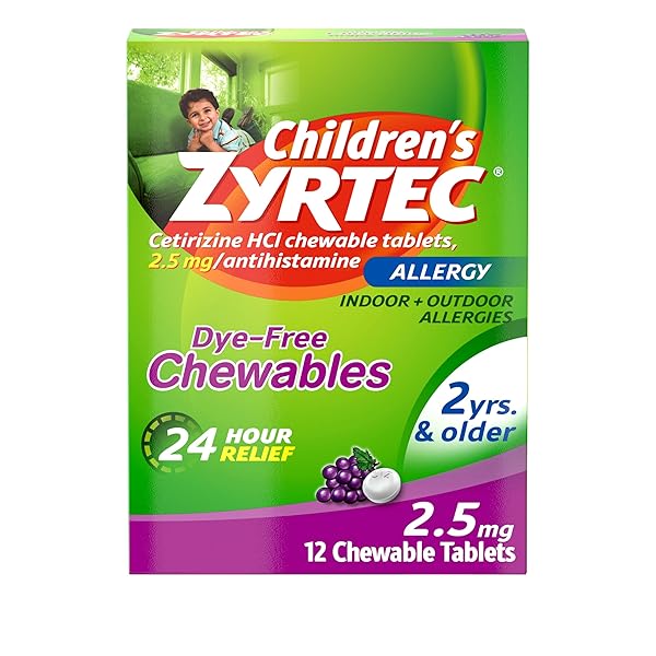 ZYRTEC CHILDREN’S DYE-FREE CHEWABLES FOR 24 HOUR ALLERGY RELIEF, 2.5 MG CETIRIZINE HCL ANTIHISTAMINE TABLETS, KIDS ALLERGY MEDICINE RELIEVES SNEEZING & ITCHY NOSE & THROAT, GRAPE, 12 CT