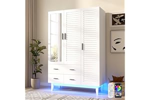 jiteentarou 3 Door Armoire Wardrobe Closet Cabinet with Drawers and LED Lights, Multi-Tier Shelves, Hanging Rod & 3 Louver Doors, Large Capacity Storage Wardrobe Armoire for Bedroom(3 Doors White)