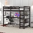 Merax Wood Loft Bed, Loft Bed with Storage Shelves and Under-Bed Desk Solid Wood Bed,Full Size, Espresso