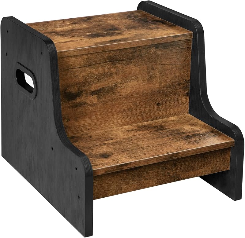 HOOBRO Kids Step Stool Two-Tier Wooden Stool Non-Slip Pads Rustic Brown Black