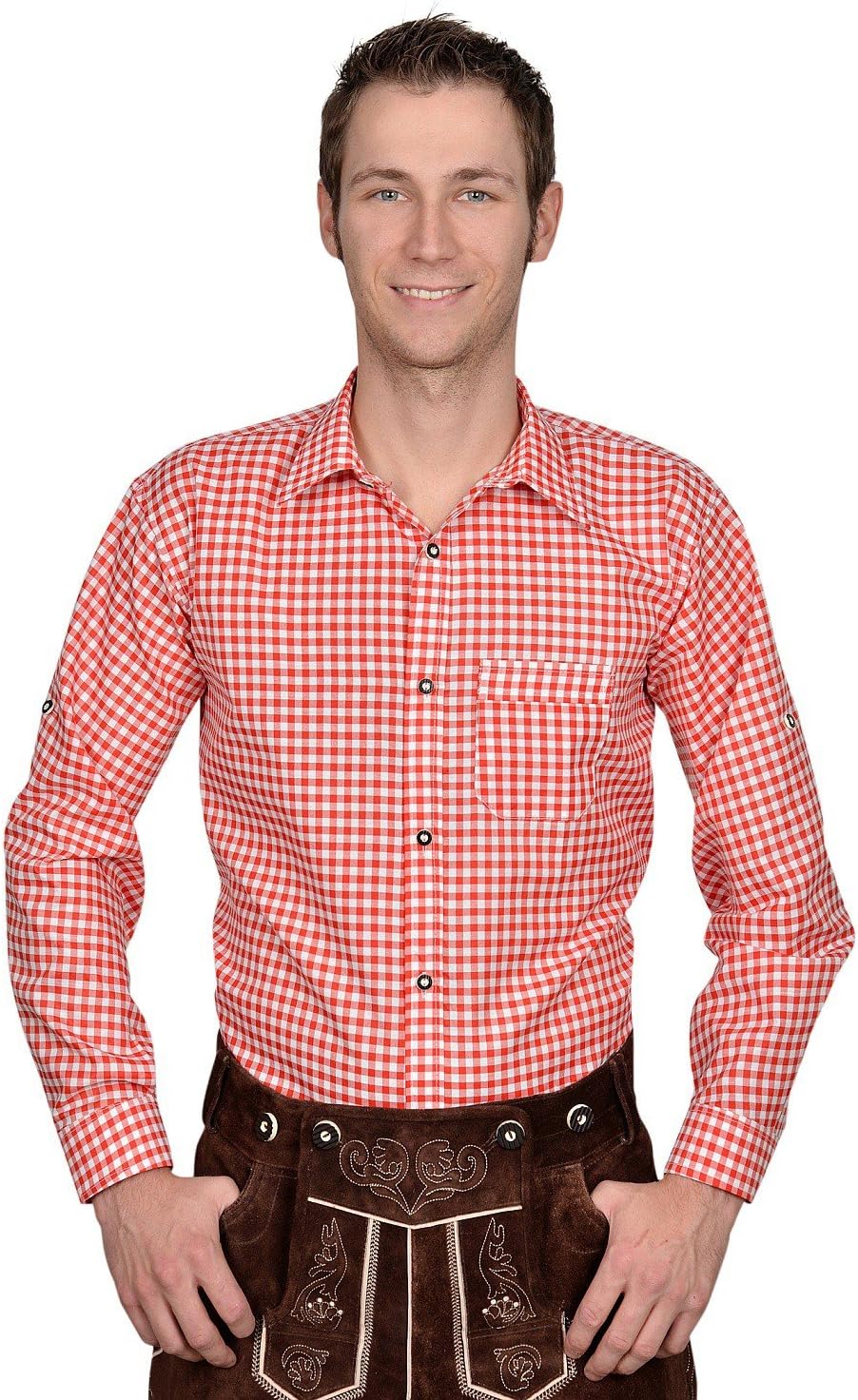Authentic Bavarian Trachten Shirt Gingham Checkered White red for Leather Trousers