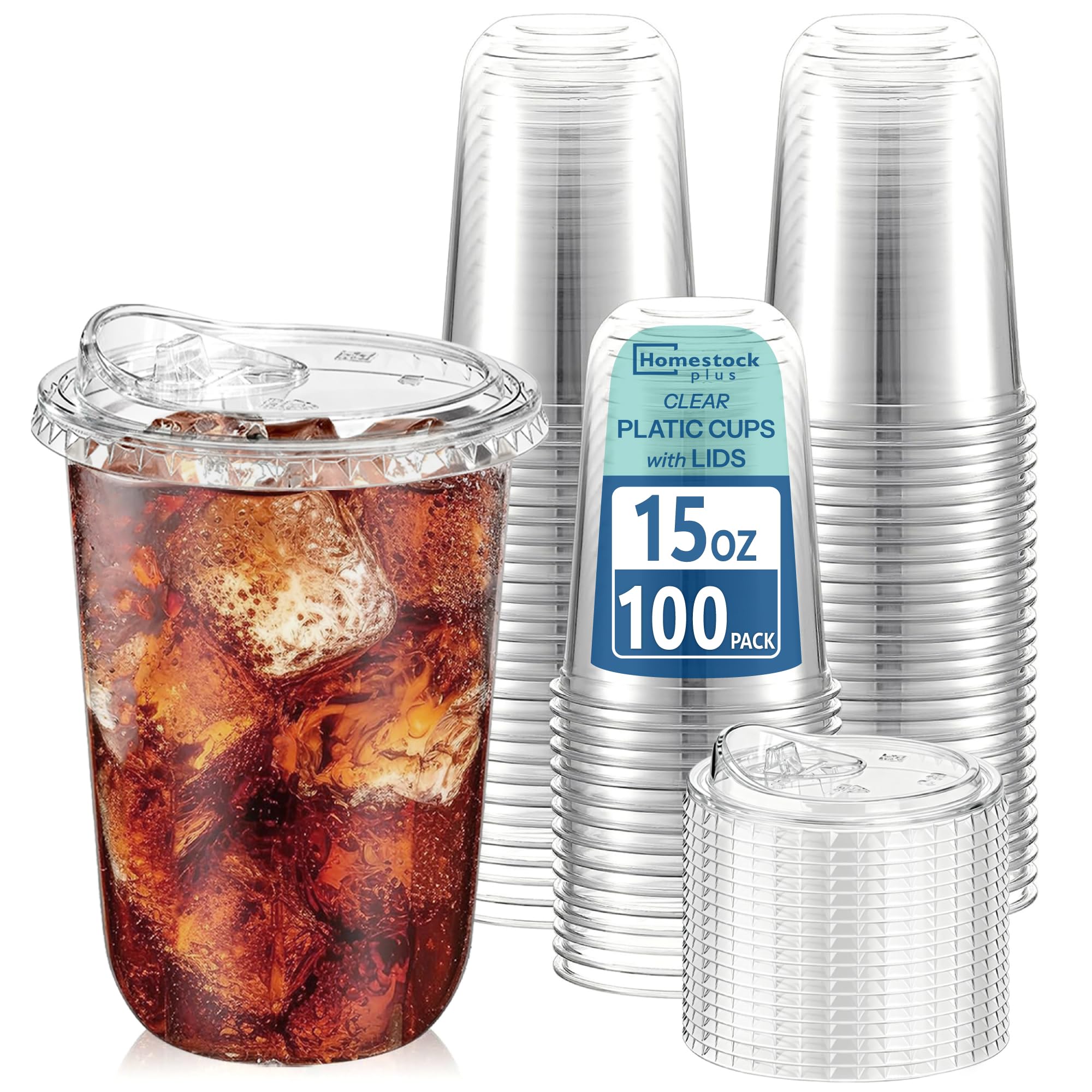Photo 1 of Homestockplus 15 oz Clear Plastic Cups with Lids (100 Pack) - Strawless Sip Lids, Leak-Proof & BPA-Free Iced Coffee Cups - Disposable Cold Drink Cups for Smoothies, Milkshake, Parties, Events