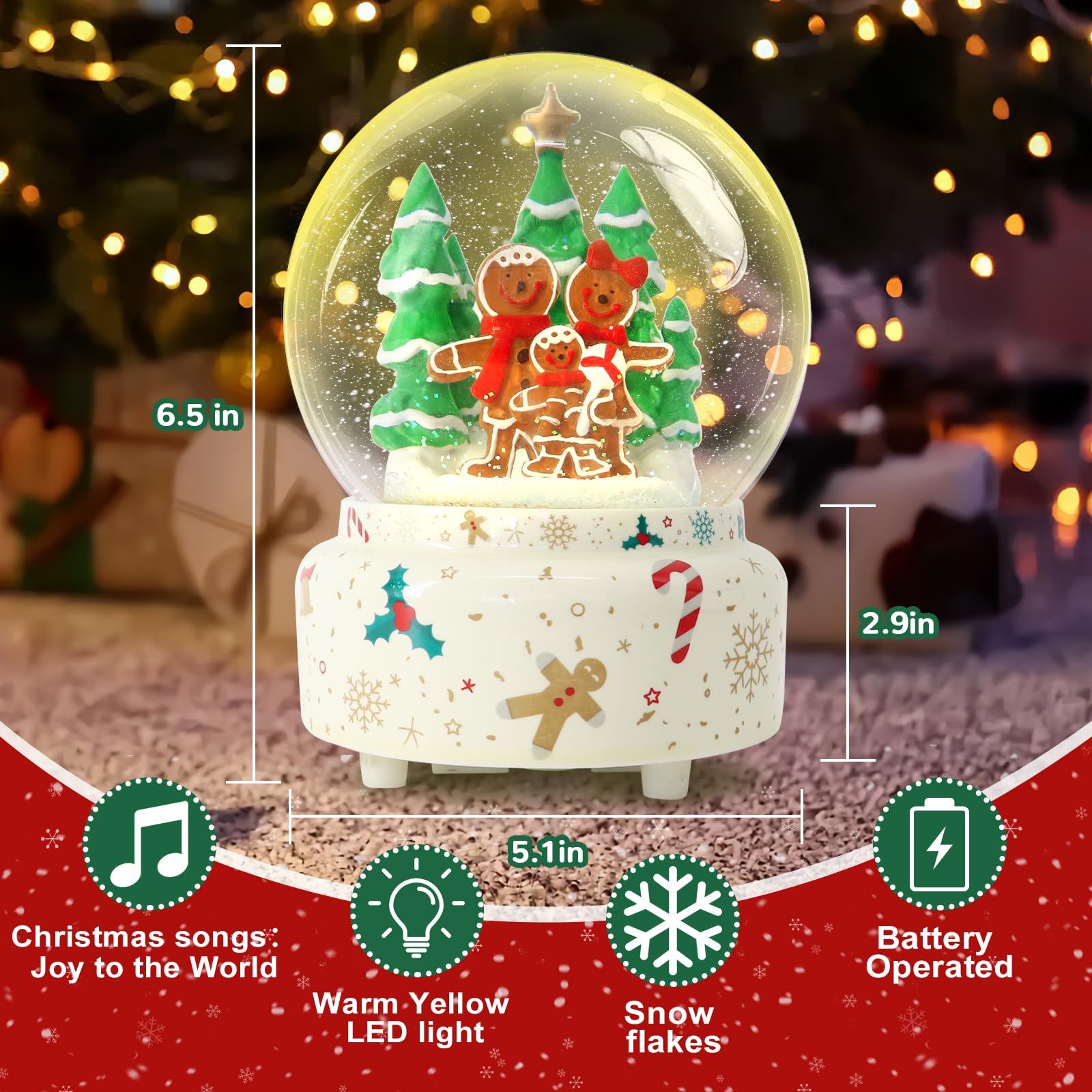 GIYBIGM 6.5Inch Height Christmas Snow Globe with Gingerbread Man House on Ceramic Base LED Light Musical Snowflakes Holiday Decoration, Holiday Home Decor, Large Water Globe.