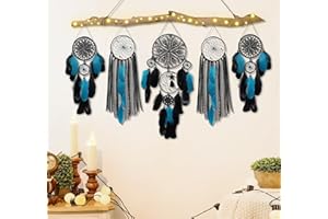 DJSYLIFE 5 Pack Black Teal Dream Catchers Wall Decor Moon and Sun Feather Handmade Traditional Dreamcatchers Large Boho Macrame Wall Hanging for Bedroom Adult Native American Decor Bohemian Decorations