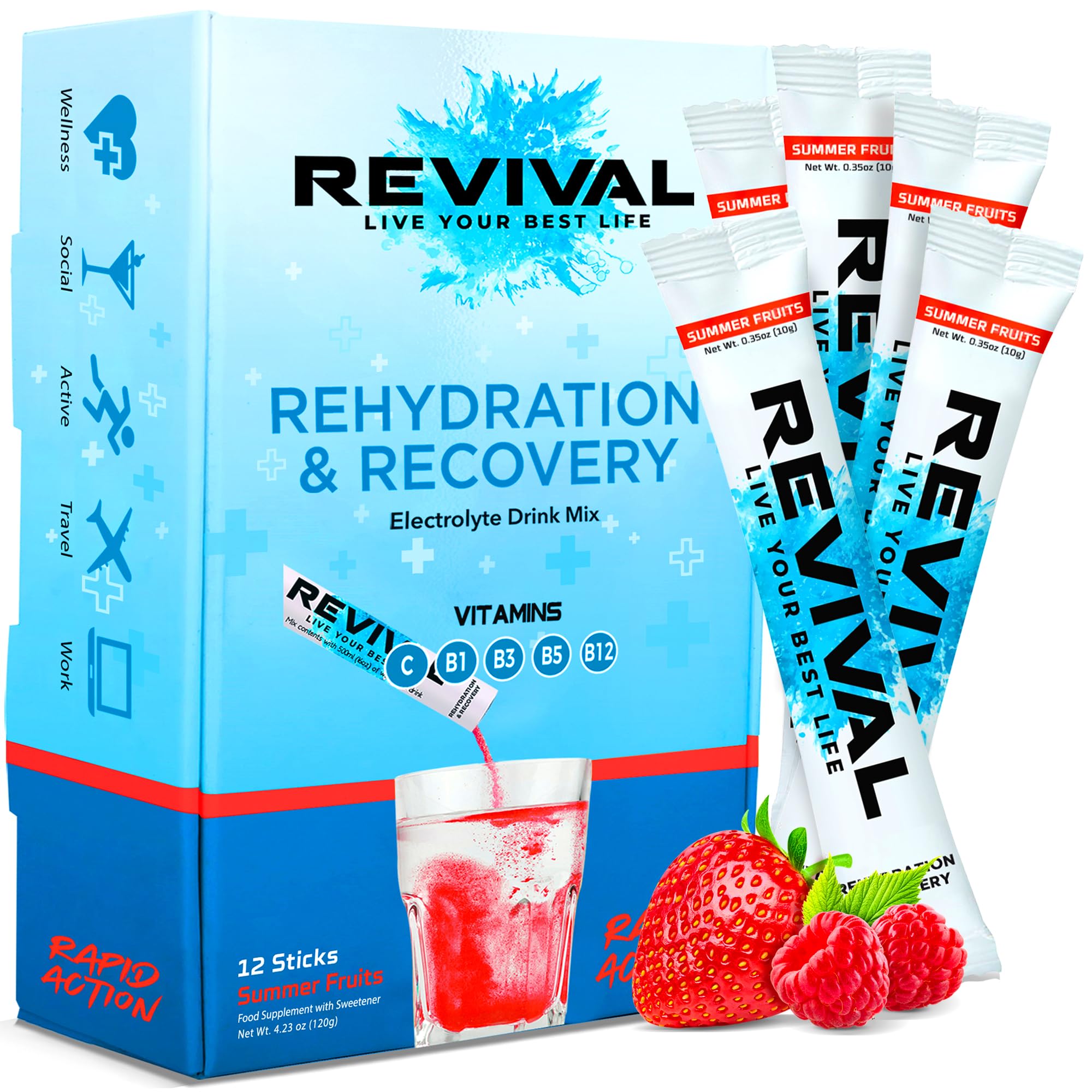 Revival Rapid Rehydration Electrolytes Powder - High Strength Vitamin C, B1, B3, B5, B12 Supplement Sachet Drink, Effervescent Electrolyte Hydration Tablets - 12 Pack Summer Fruits