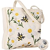 Miss Adola Embroidery Canvas Tote Bag for Women - Reusable Tote with Buckle Aesthetic Cute Shoulder Bag for Shopping, Grocery