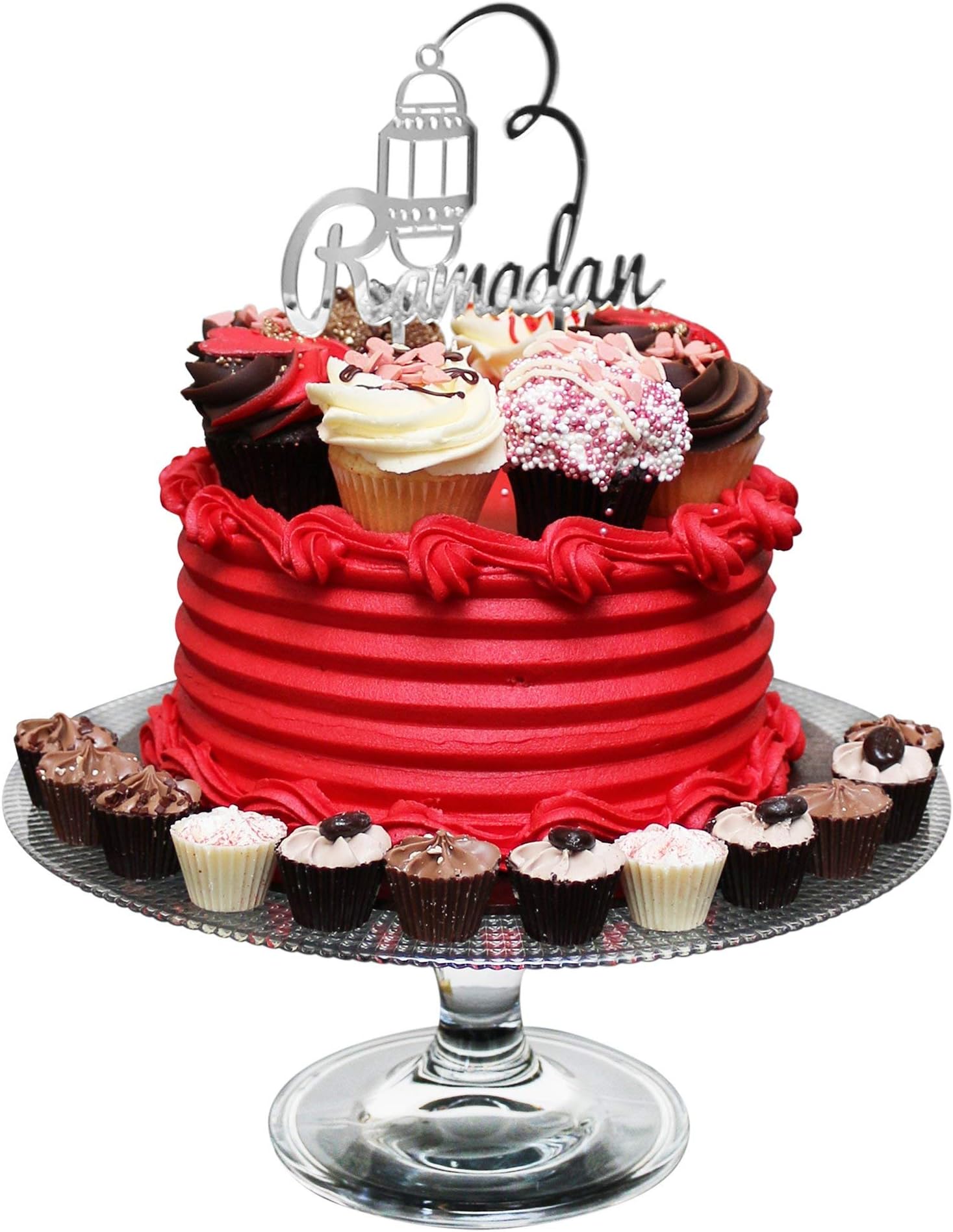 Islam Eid Iftar Gift Cake Topper Decoration - Silver Ramadan Calligraphy & Lantern