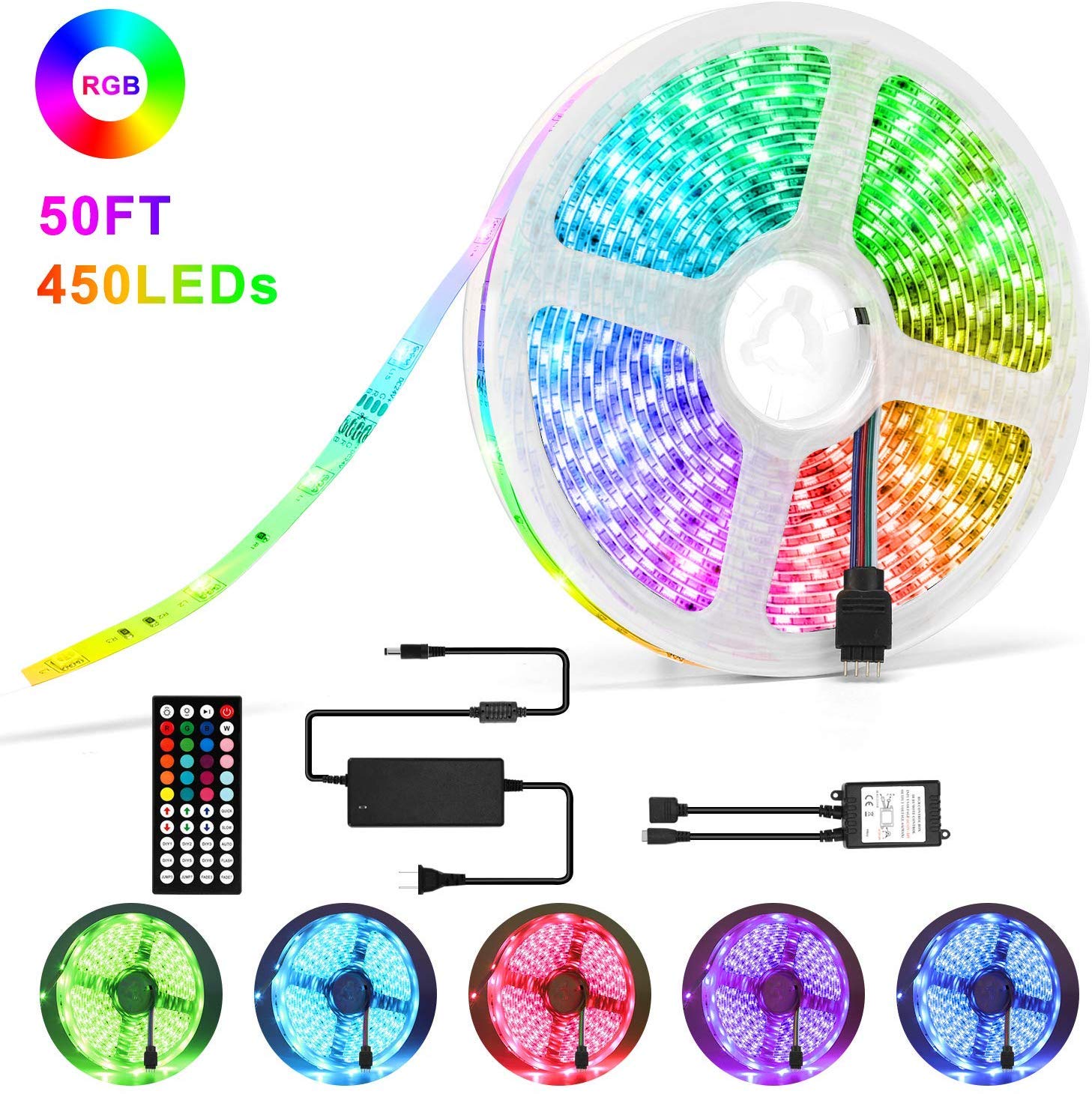 Led Strip Lights Kit， 50ft(15M) 5050 SMD RGB Flexible LED Tape Lights Non-Waterproof with DC24V Power Supply 44Key IR Remote Controller for Under Cabinet Lighting Bedroom, Living Room