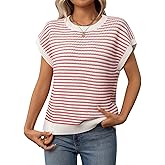 KARRESLY Women Short Sleeve Sweater Vest Color Block Crew Neck Tank Top Casual Cap Sleeve Knit Striped Pullover Outfits