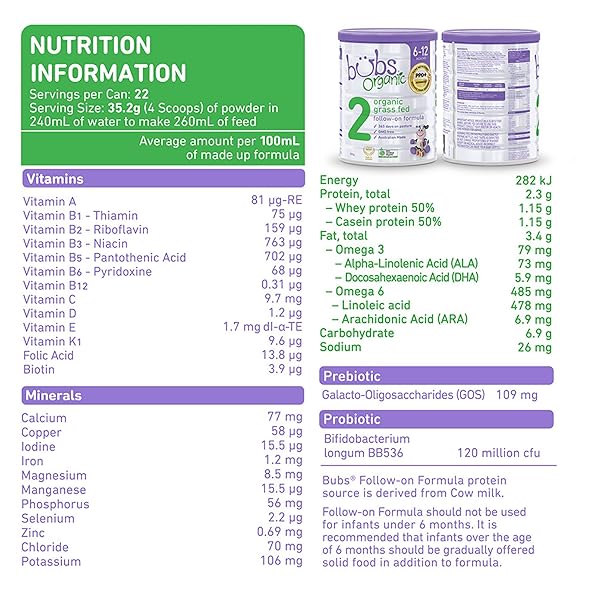 BUBS ORGANIC GRASS FED FOLLOW-ON FORMULA STAGE 2, MADE WITH NON-GMO COW’S MILK, FOR INFANTS 6-12 MONTHS, 28.2 OZ
