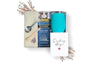 MODERN ELEGANCE Tea Gift Set for Women – Get Well Basket with Cozy Socks, 18 Full Leaf Sachets, Honey, Tumbler & Sending Hugs Card (Earl Grey)