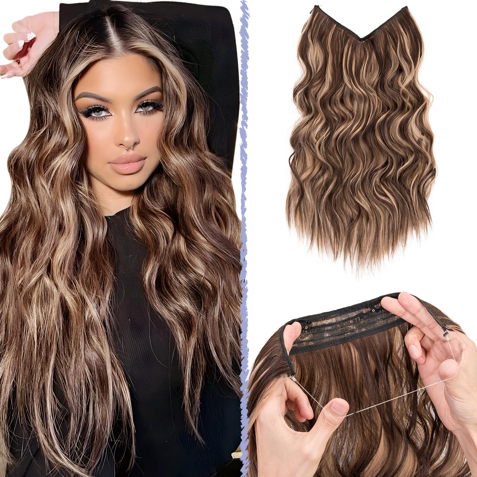 TESS Secret Wire Hair Extension Wavy Invisible One Piece Synthetic Hair Extensions Curly Full Thick Long Adjustable Hairpieces for Women (Golden Brown&Pale Blonde, 16 Inch) — image 1